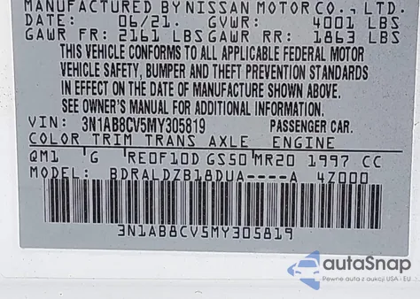 2021 Nissan Sentra Sv Xtronic Cvt from USA, damaged, VIN 3N1AB8CV5MY305819
